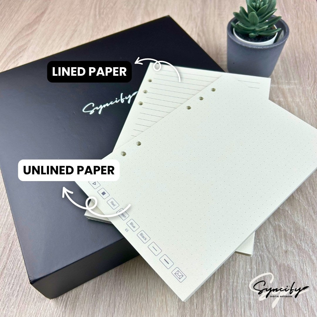 Syncifybook Sketchbook PRO V2 with lined and unlined paper sheets displayed on black box with small potted plant