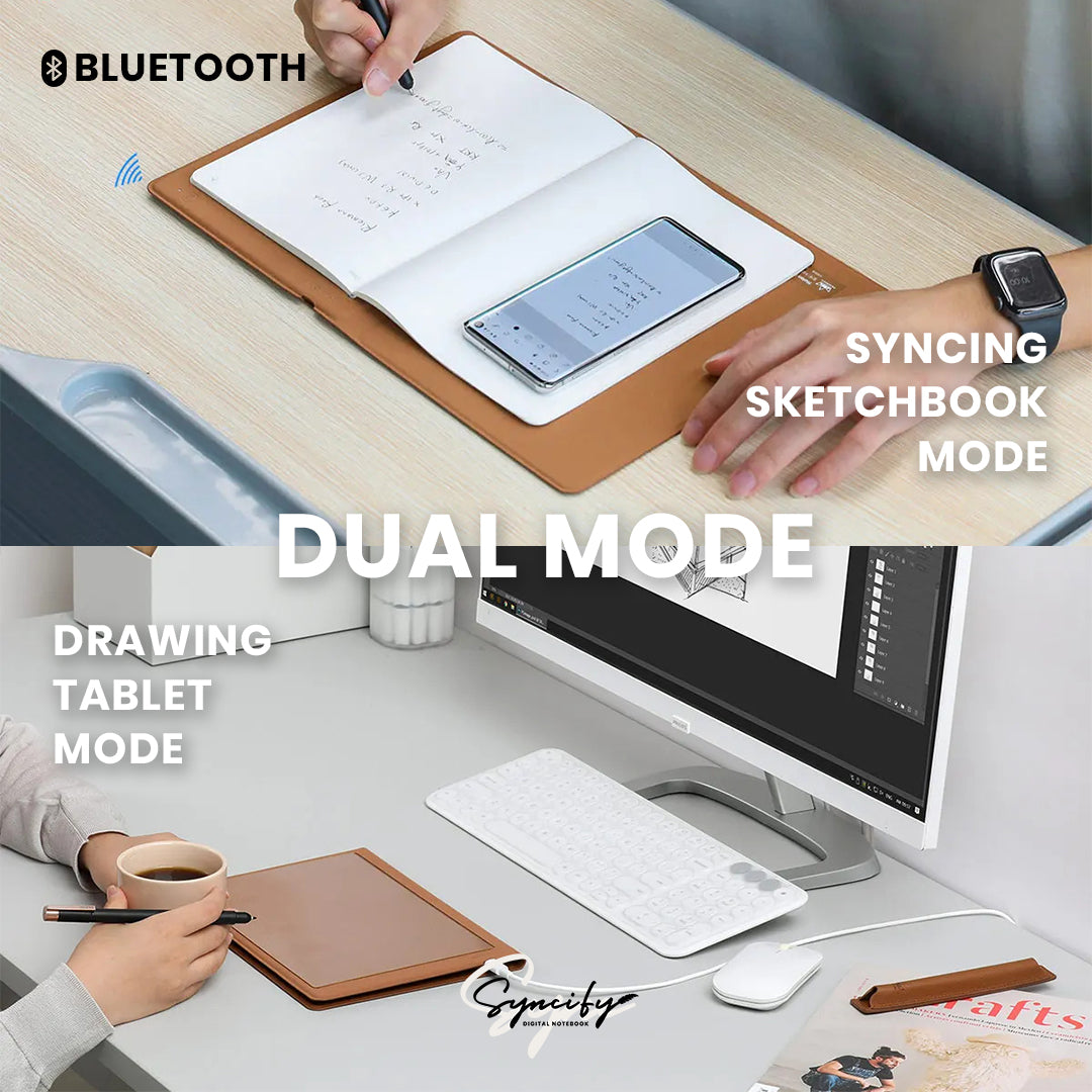 Syncifybook sketchbook duo pro digital notebook showing dual mode with syncing sketchbook and drawing tablet features