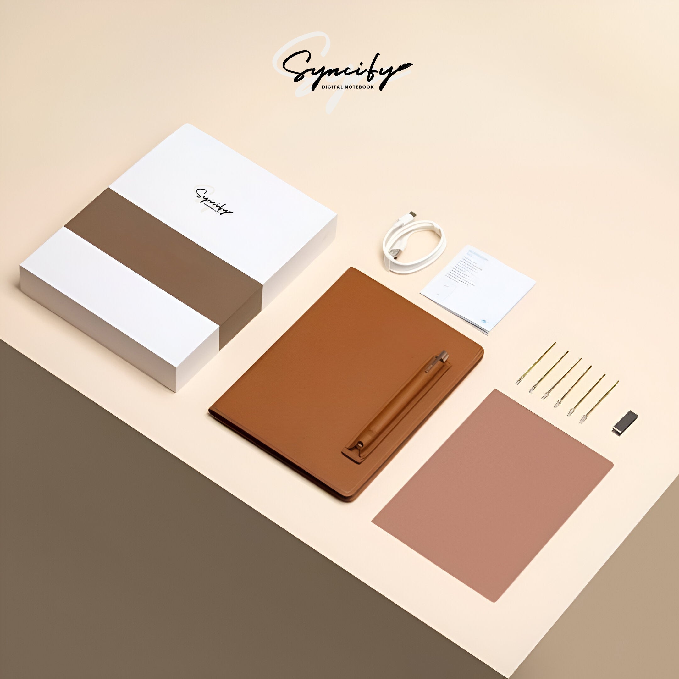 Syncifybook sketchbook duo pro digital notebook set with brown cover pen charging cable and accessories