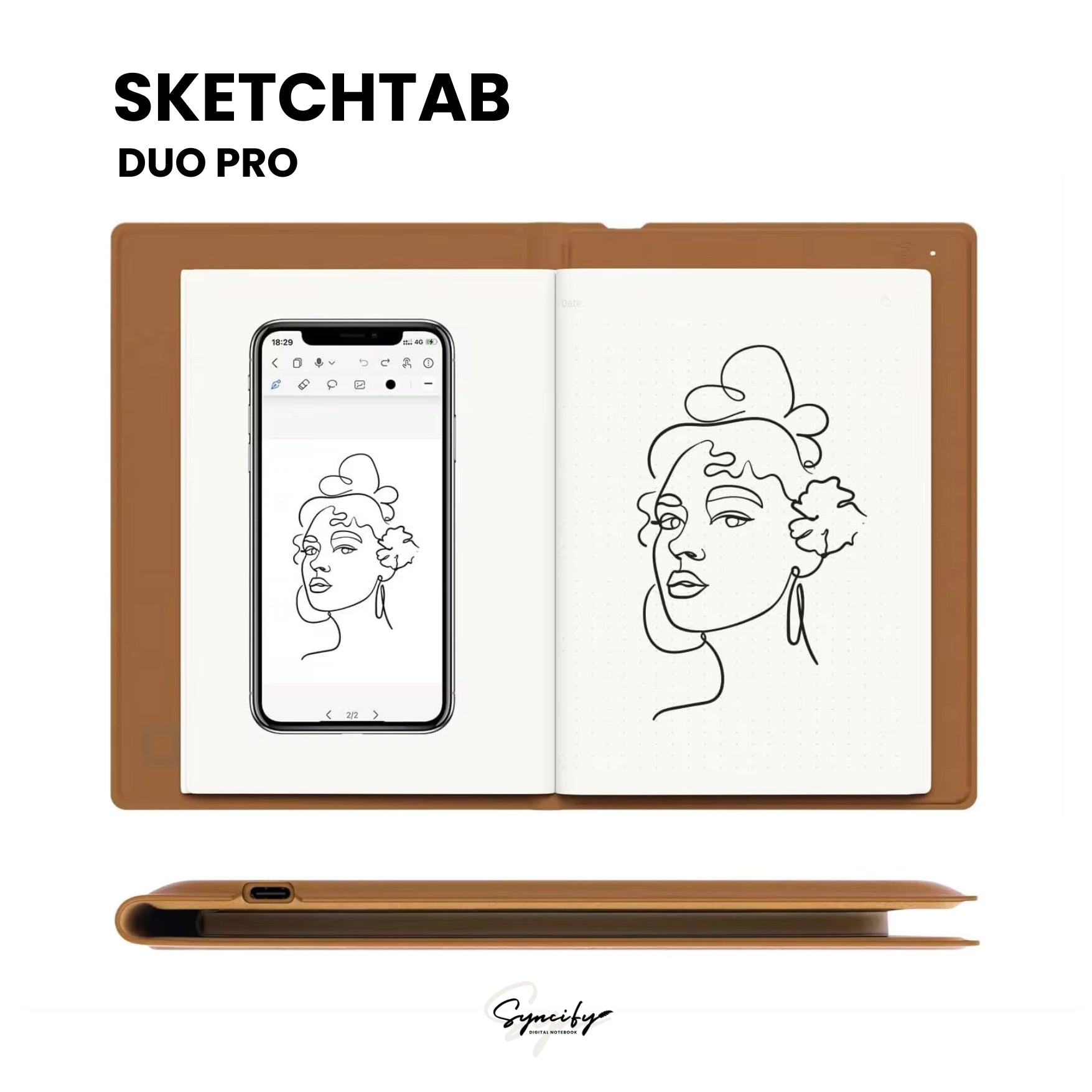 Syncifybook sketchbook duo pro digital notebook with brown cover showing sketch on paper and phone screen